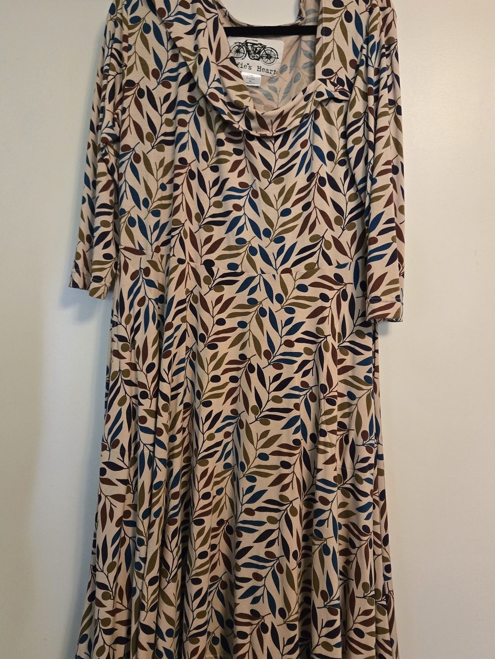 Effie's Heart Beige Leaf-Print Midi Dress with Blue Olive and Brown Accents